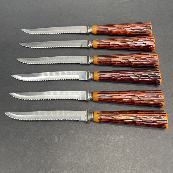 Forgecraft VTG Stainless Steel Faux Bone Stag Handle Steak Knives set of 6 USA - Picture 1 of 6